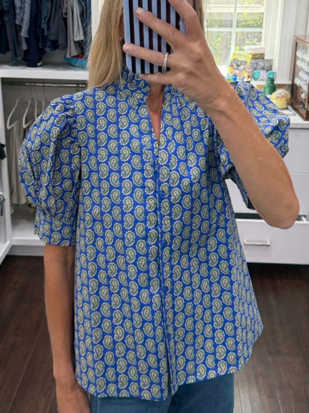 Avara Blue Paisley Puff-Sleeve Women's Top XS NWT